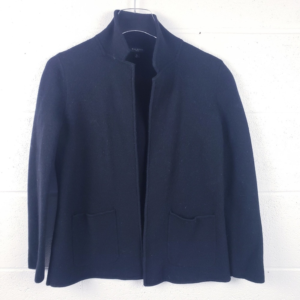 Talbots Cardigan Sweater Blazer Merino Wool Blend Open Front Black Petite Medium